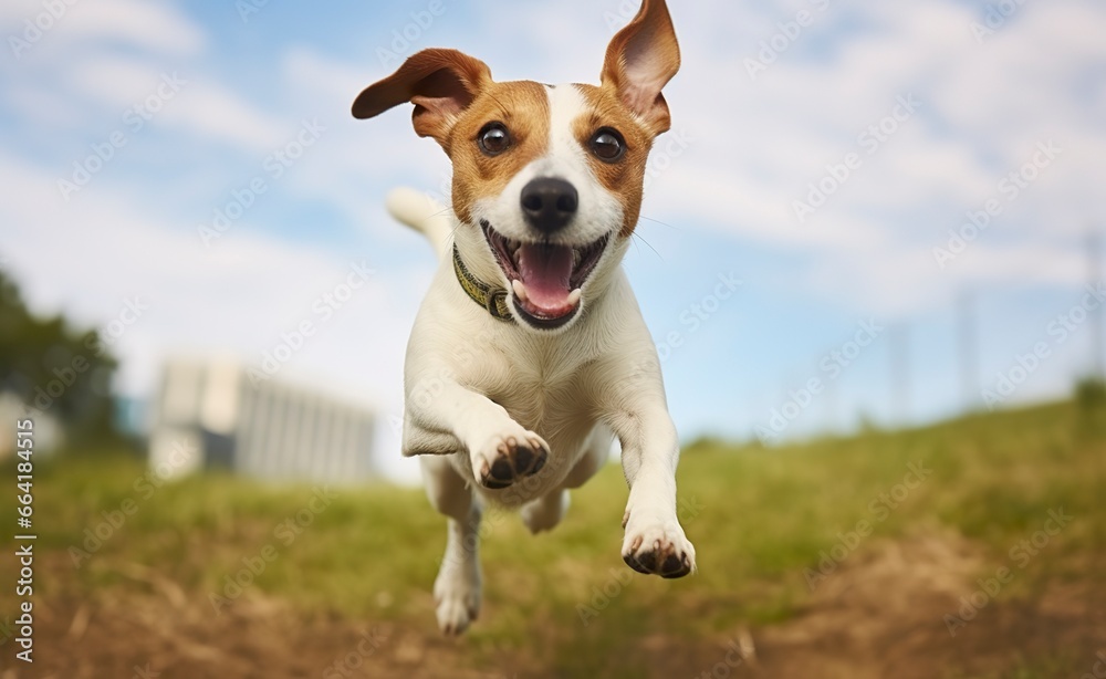 Jack Russel Parson Dog Run Toward The Camera Low Angle High Speed Shot. Jack Russel Parson Dog Run Toward The Camera Low Angle High Speed Shot.