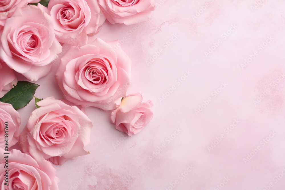 International women day, mothers day concept. Top view of roses flowers blossoms on plain bright background with copy space
