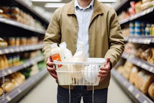 Man holding shopping basket with bread and milk groceries in supermarket.