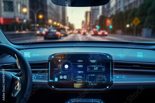 Modern smart car technology intelligent system using Heads up display (HUD) Autonomous self driving mode vehicle on city road with graphic sensor radar signal system intelligent car. © Anny