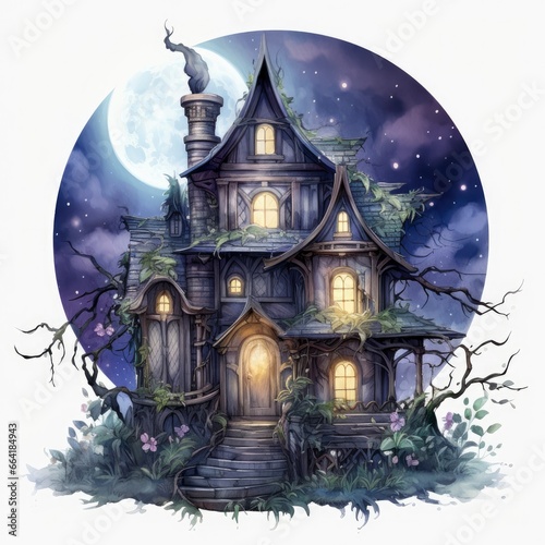Moonlight dark themed night elf fairytale fantasy fairy house. © Anny