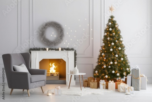 Modern Living Room With Fireplace, Christmas Tree, Gift Boxes And Armchair.