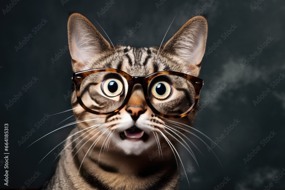 portrait of shocked cat wearing glasses