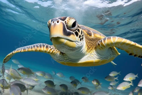 Turtle closeup with school of fish.