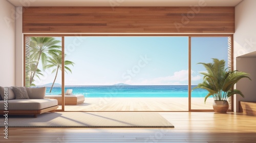 Sea view empty large living room of luxury summer beach house with swimming pool near wooden terrace. Big white wall background in vacation home or holiday villa. Hotel interior 3d illustration.