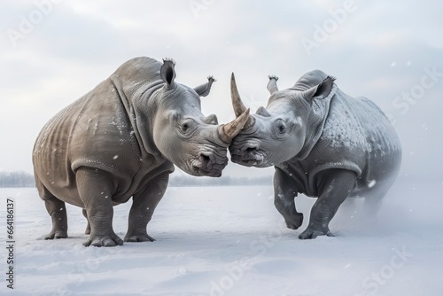 Two Rhinoceros getting ready for fight on Ice. © Anny