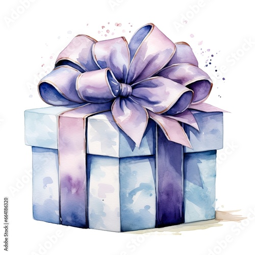 Watercolor birthday present with bow isolated on white background.