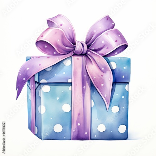 Watercolor birthday present with bow isolated on white background.