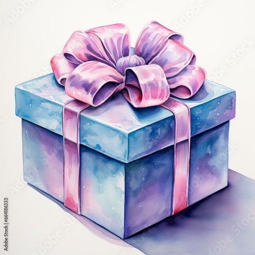 Watercolor birthday present with bow isolated on white background.