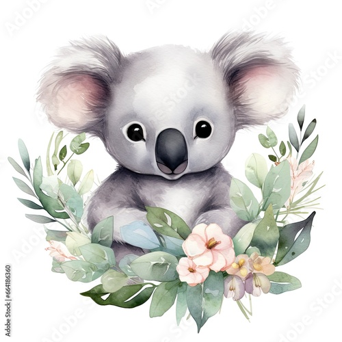 Watercolor fantasy Baby Koala clip art isolated white background.
