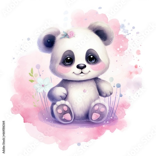 Watercolor fantasy Baby Panda clip art isolated white background.
