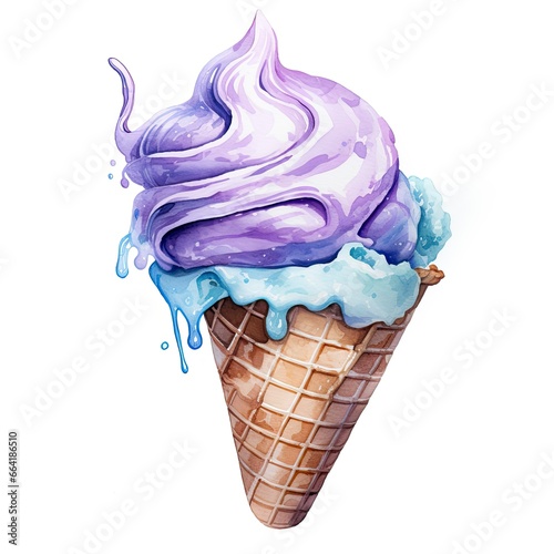 Watercolor ice cream in a waffle cone.