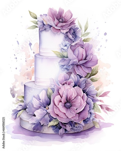 Watercolor wedding cake isolated on white background.