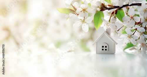 Toy house and cherry flowers, spring abstract natural background. © Anny