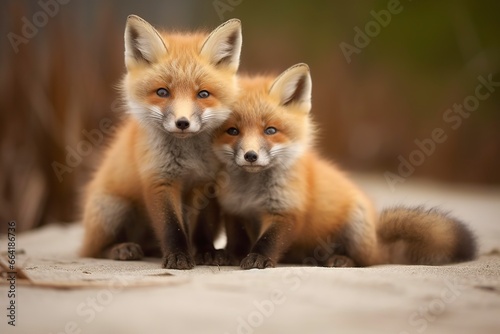 Wild baby red foxes cuddling at the beach.