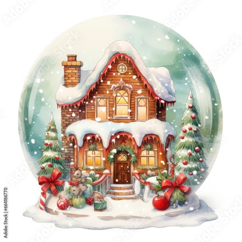 Winter Christmas festive holiday house with snow in the globe for T-shirt Design. © Anny