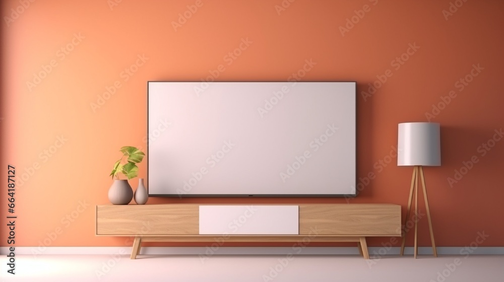 Two tone color wall background,Modern living room decor with a tv cabinet.3d rendering