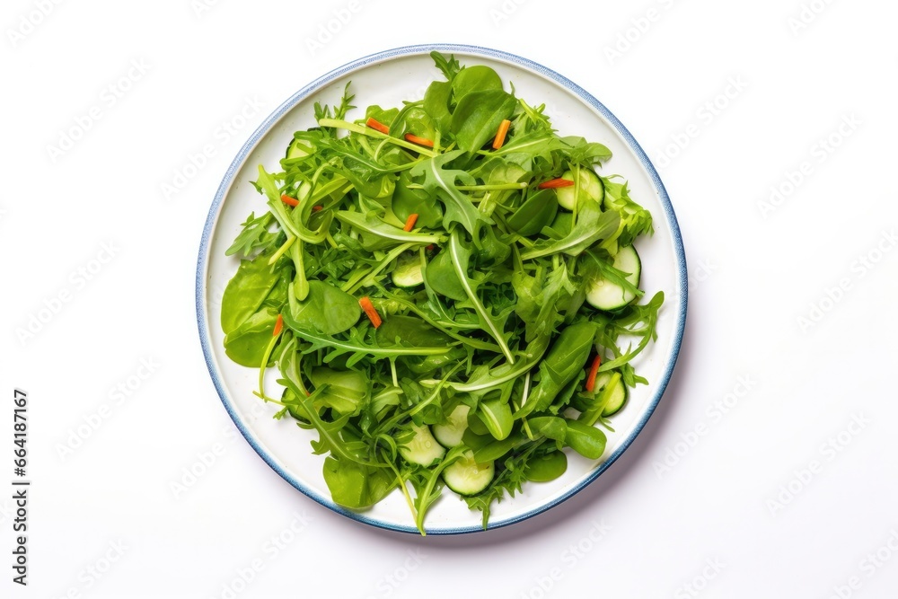 Healthy fresh green salad plate shot from above on white background.