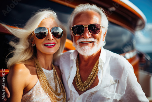 Wealthy senior man at luxury yacht party, billionaire summer cruise vacation, with beautiful girls © Kien