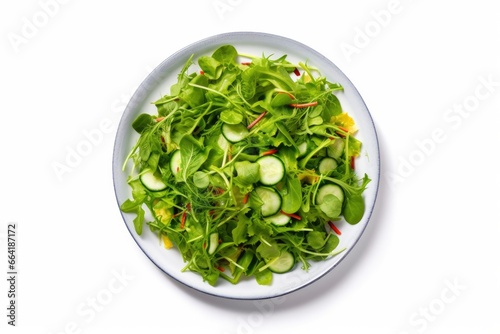 Healthy fresh green salad plate shot from above on white background.