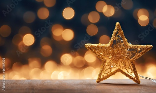 Sparkling Golden Christmas Star. Ornament Decoration Defocused Bokeh Background.