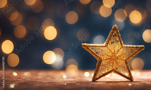 Sparkling Golden Christmas Star. Ornament Decoration Defocused Bokeh Background.