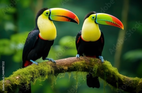 Toucan sitting on the branch in the forest.