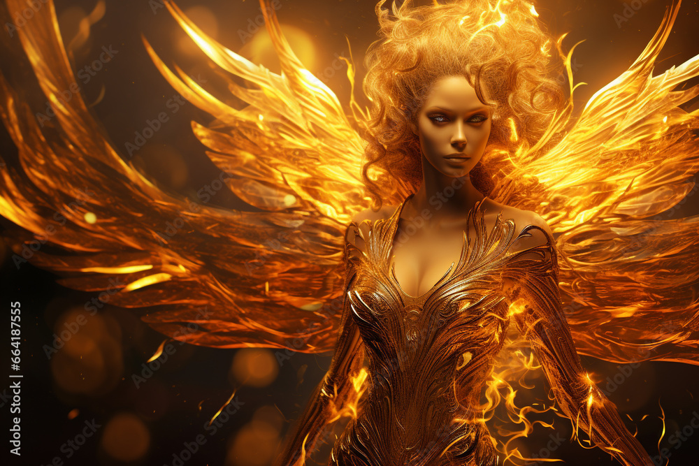 Phoenix In Human Form Fantasy concept. Beautiful golden phoenix woman humanoid portrait. Girl ...