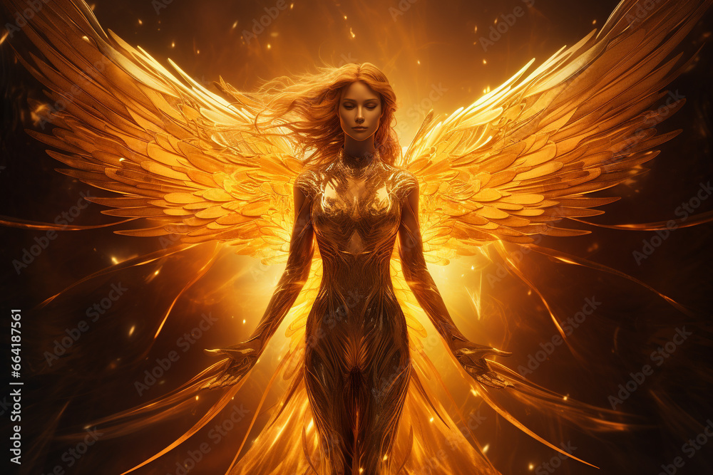 Fantasy concept. Beautiful golden phoenix woman humanoid portrait. Girl silhouette rises like Phoenix from ashes with flames and fire. Model with wings