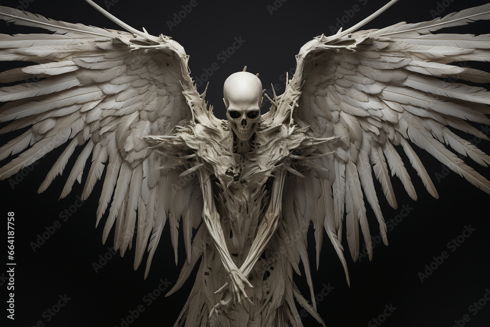 Fantasy, culture and religious concept. Spooky looking skeleton with angel wings portrait - obrazy, fototapety, plakaty 