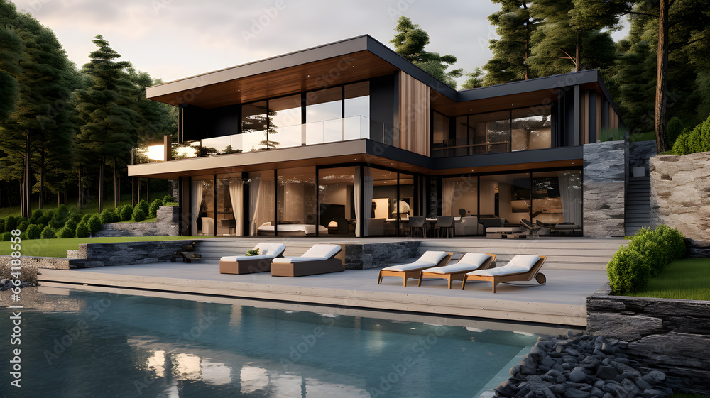 nordic modern villa with swimming pool and forest background