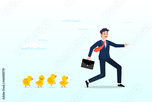 Confidence businessman leader pointing direction with following duckling, leadership to lead team to success direction, employees follow manager guidance, domination or motivate staffs (Vector)