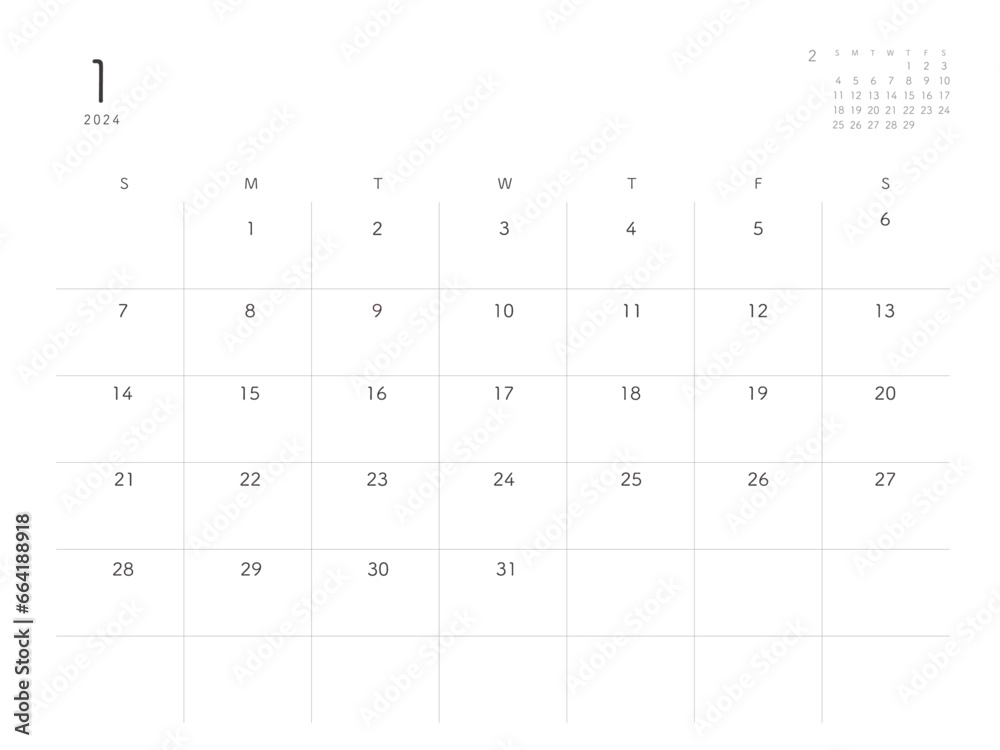  2024年1月January　シンプルカレンダー 祝日表記なし横型2月カレンダーあり - obrazy, fototapety, plakaty 