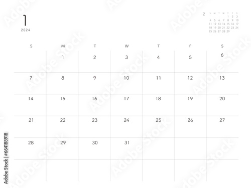  2024年1月January　シンプルカレンダー 祝日表記なし横型2月カレンダーあり