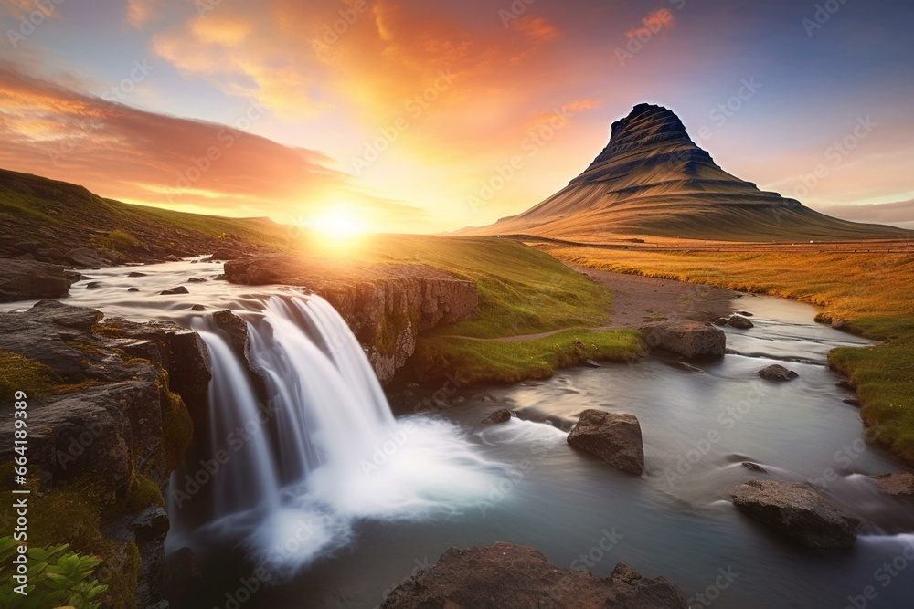 Stunning scenery featuring a sunrise on Kirkjufellsfoss waterfall and Kirkjufell mountain in Iceland, Europe. Generative AI