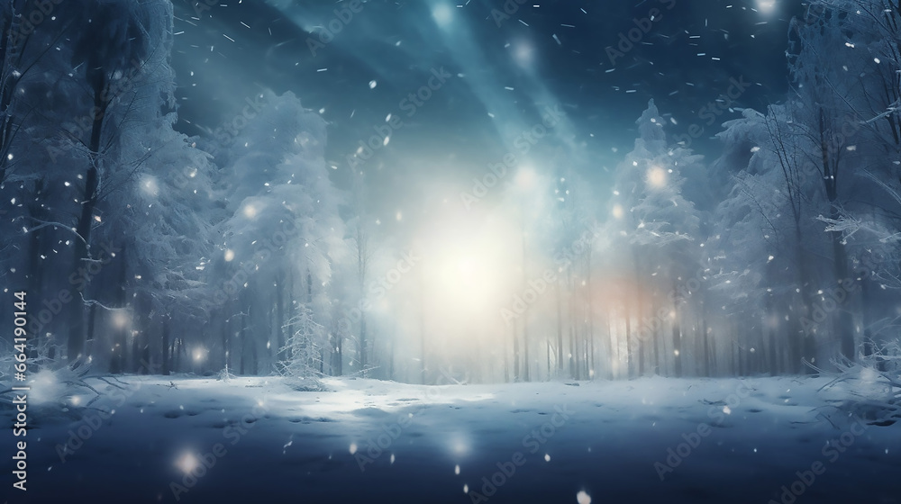 Beautiful Snowy Forest and Abstract Shiny Light Background