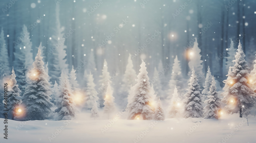 Beautiful Christmas Blurred Background Xmas Trees with Snow