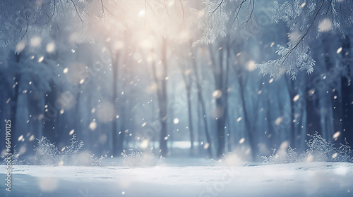 Amazing Beautiful Snowy Forest and Abstract Shiny Light Backgrou © BornHappy