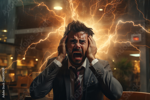 Generative AI Image of Depressed Businessman in Office with Lightning Strikes Symbolize Chaos