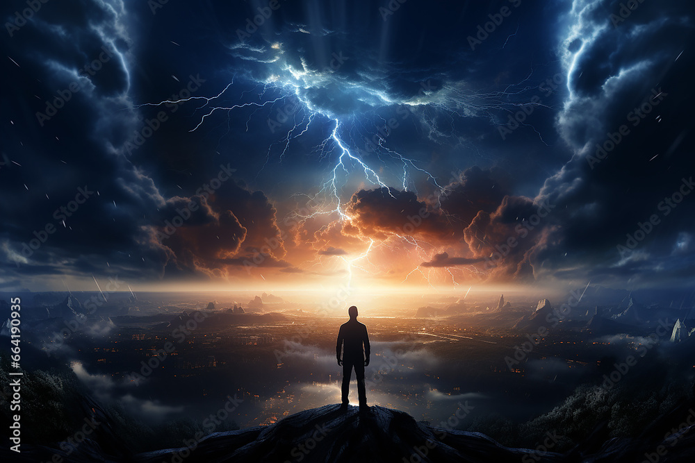 Silhouette of Businessman Standing on the Peak with Lightning in the Night Sky Generative AI
