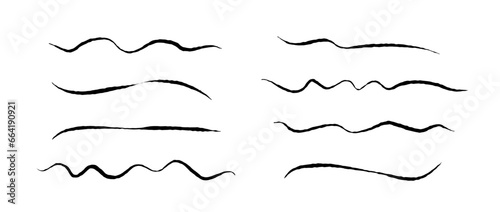 Rough jagged lines set. Grunge wavy brush strokes collection. Black underlines textured curved waves. Hand drawn imitation elements for banner, banner, decoration. Doodle uneven wiggles. Vector pack