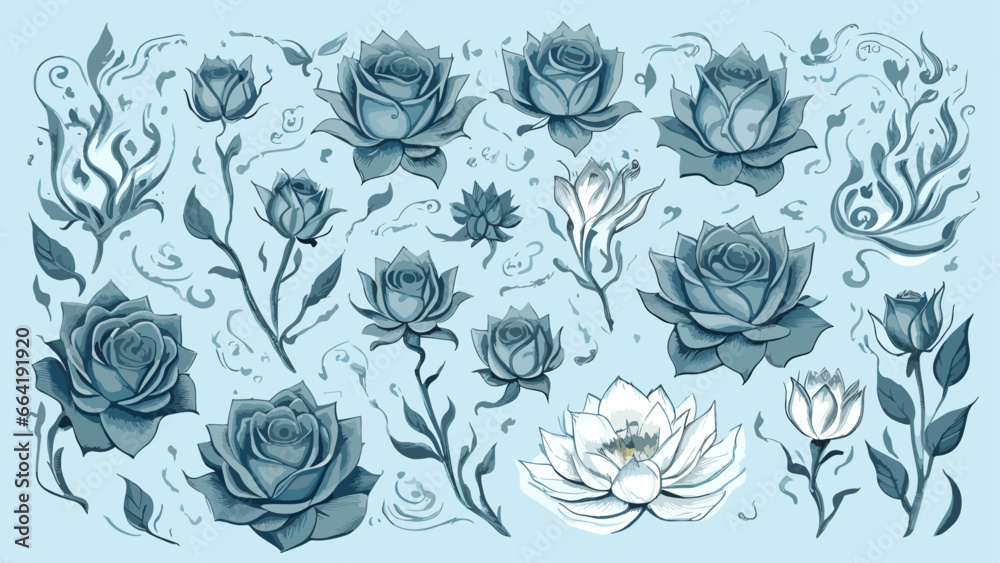 Winter Roses Botanic Illustration on a Flat Background