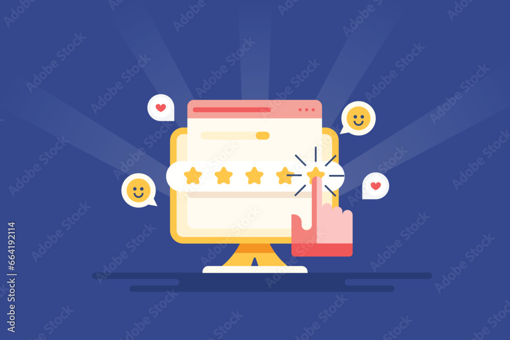 Online user rating, digital survey concept. Person feedback star rating with emoticon on computer screen, internet business communication vector web banner. 