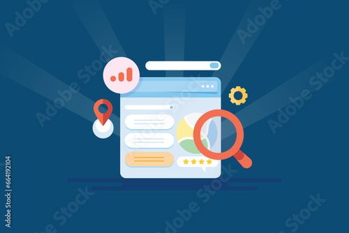 SEO concept, improve website visibility on search page, keyword optimized content, ranking development and increase web traffic conceptual vector illustration banner.