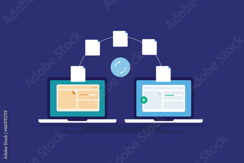 Website migration concept, changing domain name and website data structure, file transfer between two websites, data exchange on laptop screen, internet technology vector illustration web banner.