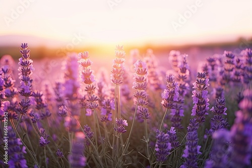 Close up lavender flowers in beautiful field at sunset. © Anny