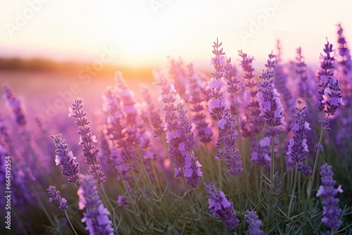 Close up lavender flowers in beautiful field at sunset. © Anny