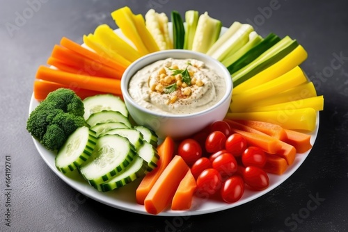 Crop shot of plate with colorful healthy sliced vegetables.