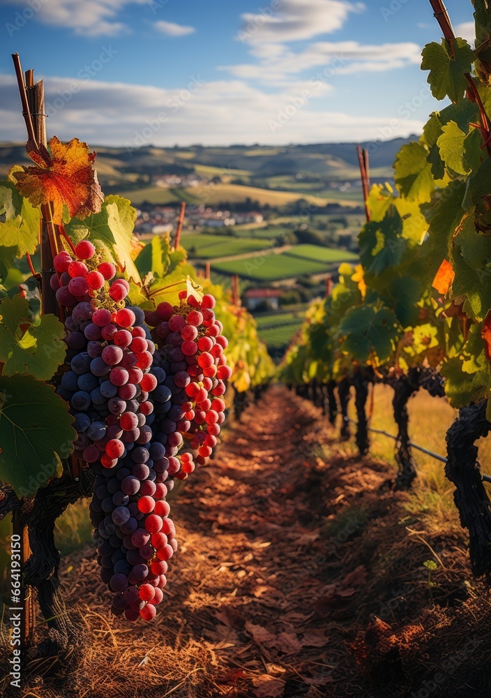 Ripe grapes in vineyard at sunset, Tuscany, Italy.Charming Vineyards in the Morning Sun Charming Vineyards Bathed in the Warm Light of the Morning Sun - obrazy, fototapety, plakaty 