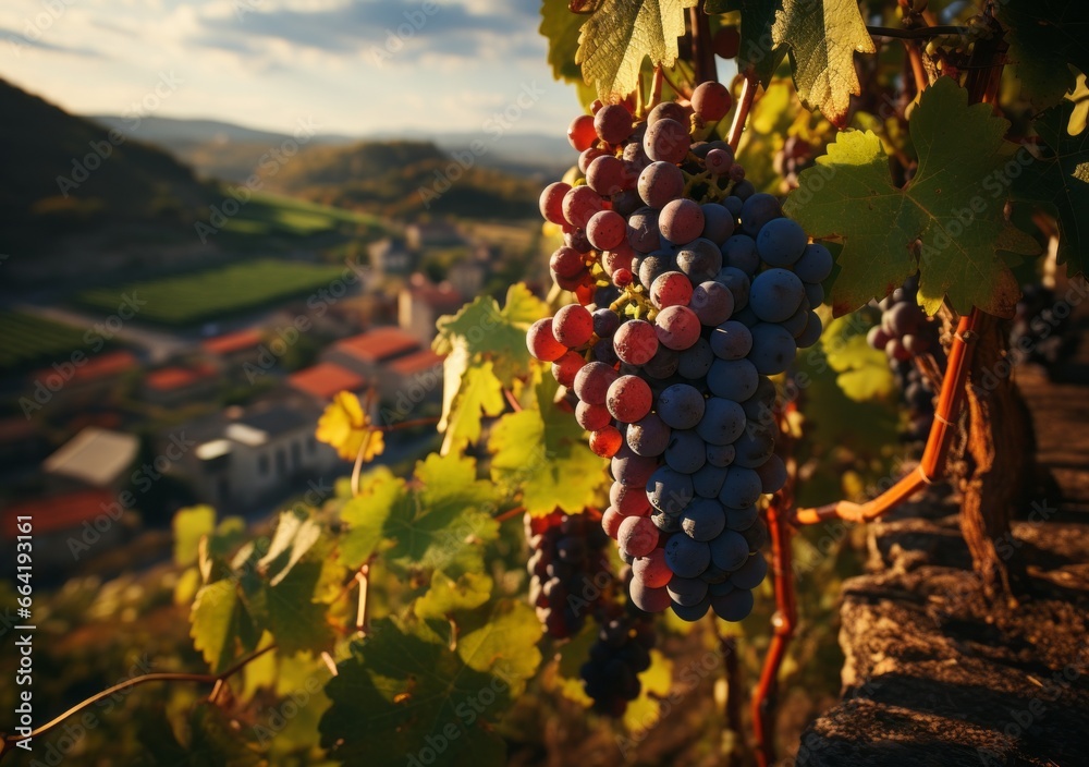 Ripe grapes in vineyard at sunset, Tuscany, Italy.Charming Vineyards in the Morning Sun Charming Vineyards Bathed in the Warm Light of the Morning Sun